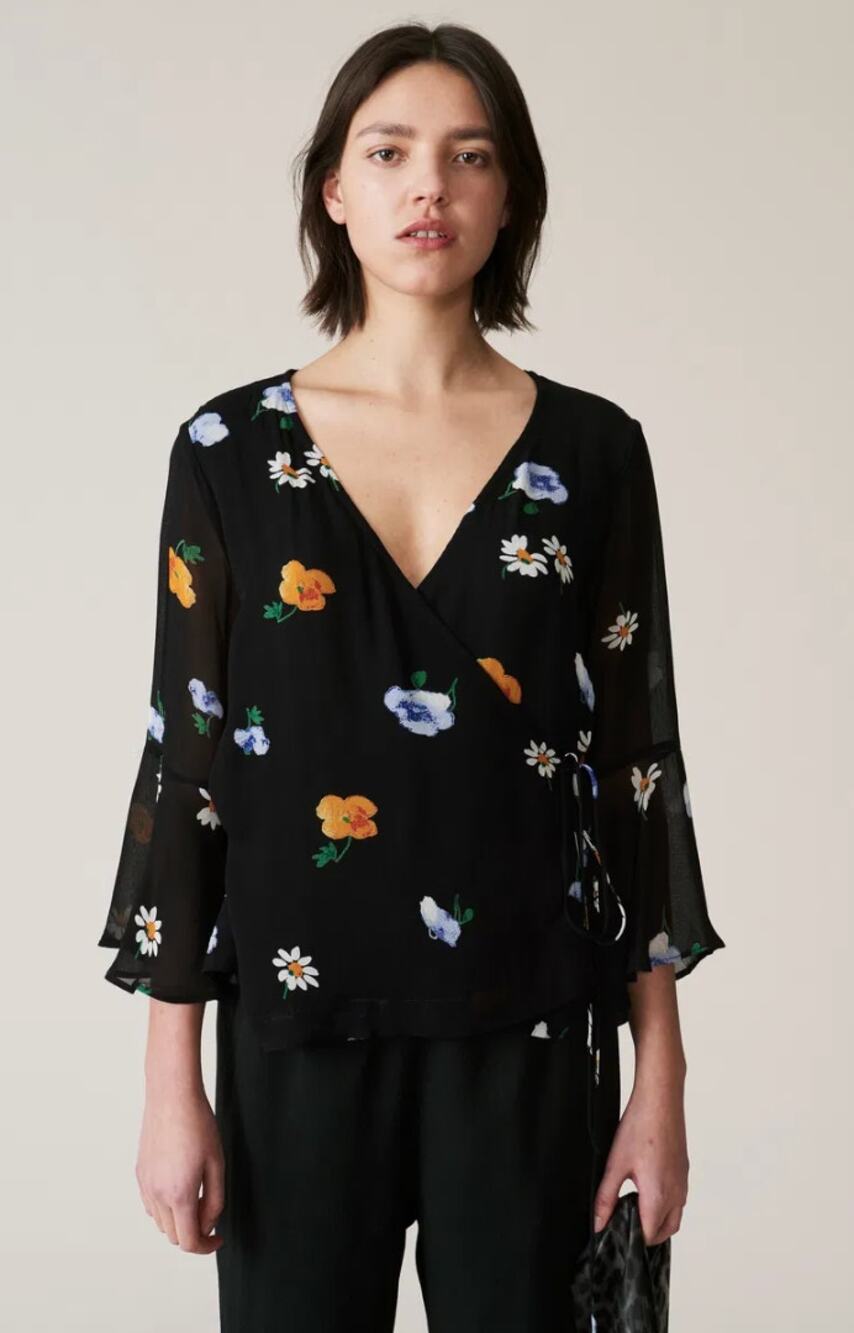 GANNI Black Floral Wrap Silk Blouse